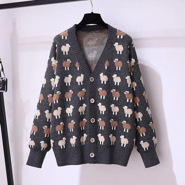 Color Block Sheep Pattern Cardigan 