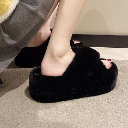 Bolitin Platform Criss Cross Fluffy Slide Sandals YesStyle