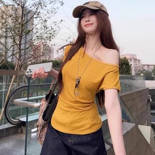 HYAKU Short-Sleeve Asymmetrical Neck Off-Shoulder Plain Ruched T-Shirt Sale