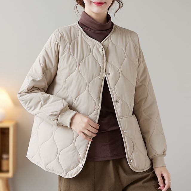 Supernova-Crew Neck Plain Quilted Button-Up Jacket
