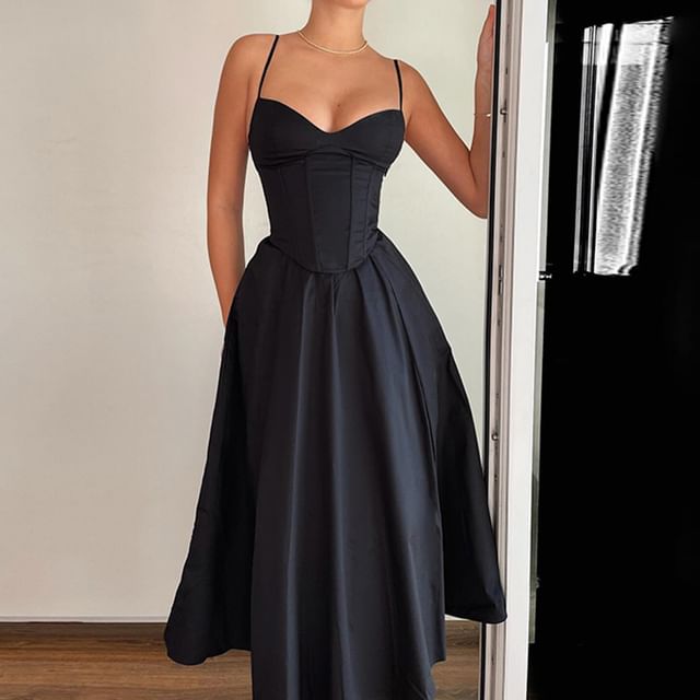Honet - Spaghetti Strap V-Neck Plain Open-Back Slim-Fit Maxi A-Line Dress | YesStyle Honet - Spaghetti Strap V-Neck Plain Open-Back Slim-Fit Maxi A-Line Dress | YesStyle