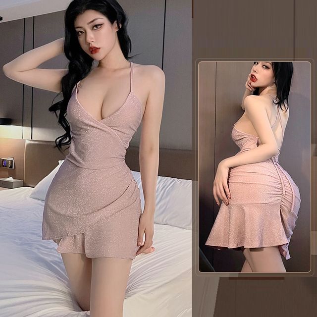 Candyiry-Halter-Neck Glitter Shirred Chemise