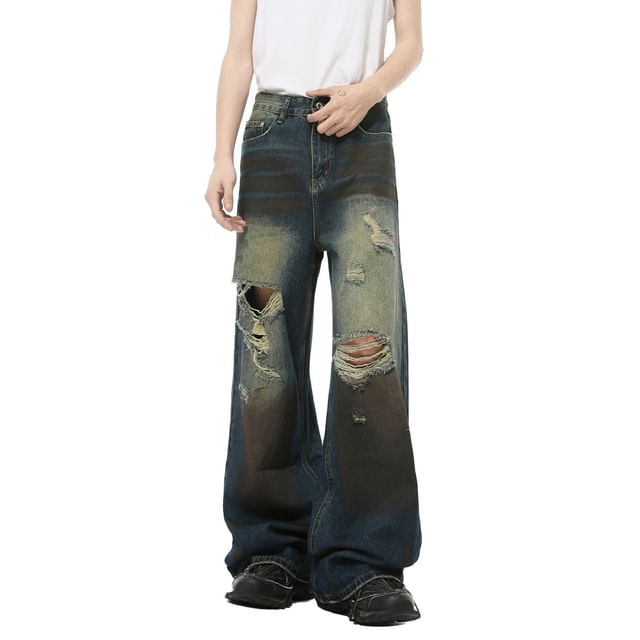 FAERIS-Mid Rise Distressed Washed Wide Leg Jeans