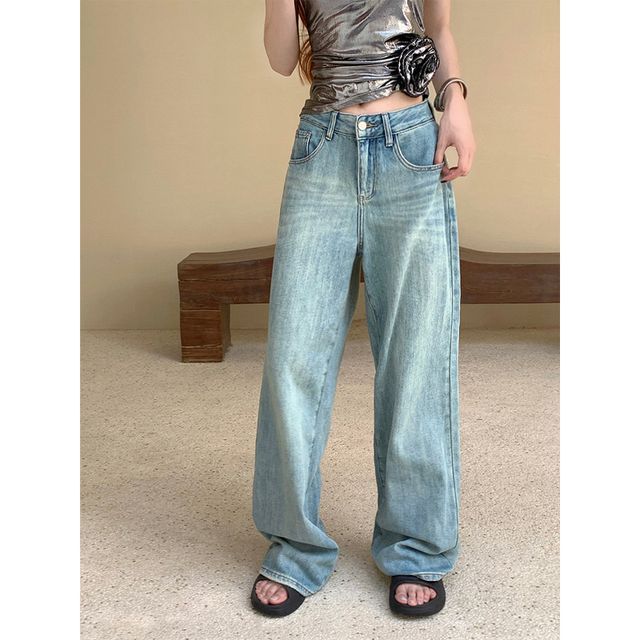 monroll-Low Waist Washed Wide Leg Jeans