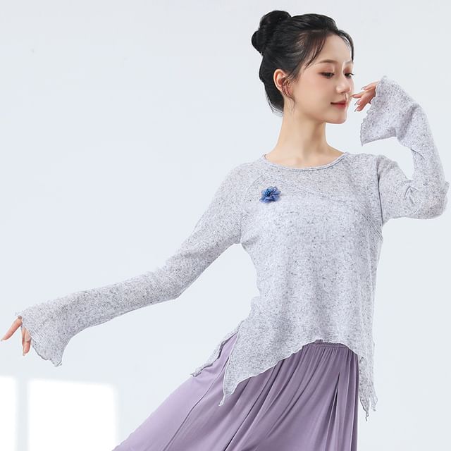 femmal-Long-Sleeve Asymmetrical Plain Dancing Top