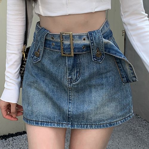 KUMI - Belted Denim A-Line Mini Skirt | YesStyle