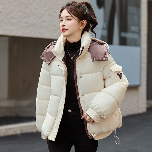 Sienne-Stand Collar Two Tone Hood Zip Puffer Jacket