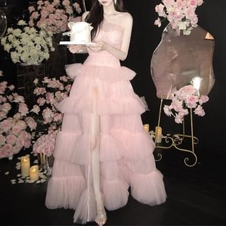 DreesHouse-Strapless Slit Tiered Tulle A-Line Evening Gown