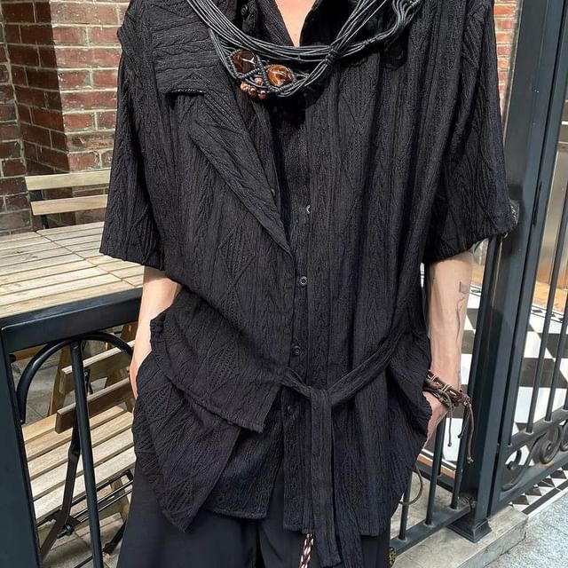 JUN-LEE-Elbow-Sleeve Asymmetrical Plain Shirt