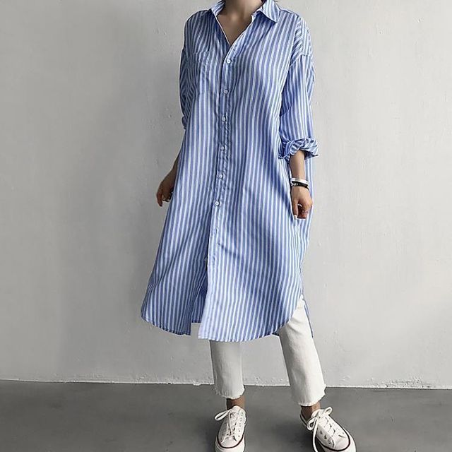 Vinales - Long-Sleeve Collared Striped Midi Shirt Dress