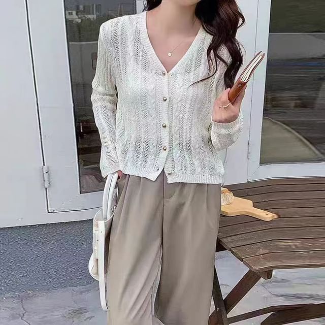 HYAKU-V-Neck Button-Up Plain Cardigan