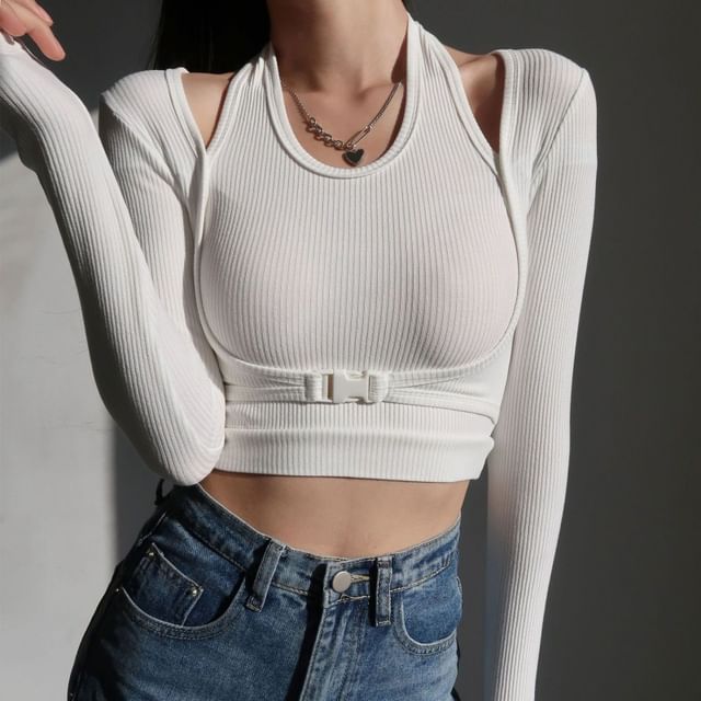 Hevnir-Long-Sleeve Halter Neck Mock Two-Piece Plain Ribbed Buckled Slim Fit Crop Top