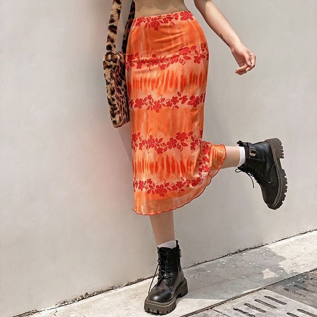 Sosana - Floral Print Mesh Midi Skirt | Yesstyle