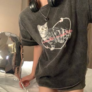 monroll - Acid Wash Cat Print T-Shirt | YesStyle