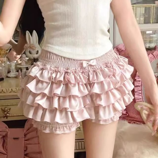 Rosesand-High Waist Plain Ruffle Shorts