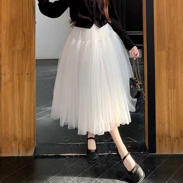 Essere-High Rise Midi A-Line Mesh Skirt