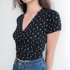 Sinora(シノラ) - フローラルショートスリーブラップTシャツ Sinora(シノラ) - フローラルショートスリーブラップTシャツ
