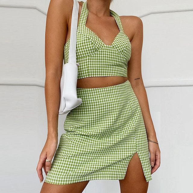 Set: Plaid Halter Top + Skirt | YesStyle
