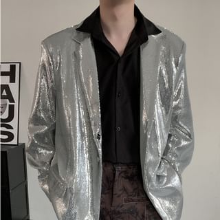 Freehop-Notch Lapel Plain Sequin Single Breasted Blazer