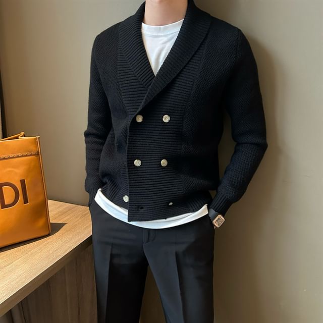 DuckleBeam-Shawl Collar Plain Double Breasted Cardigan