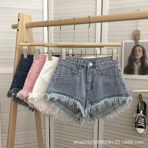 Wildfoea - High Waist Fringe Denim Shorts | YesStyle