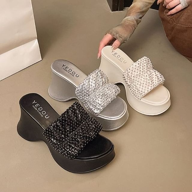 Vindler-Rhinestone Platform Wedge Heel Slide Sandals