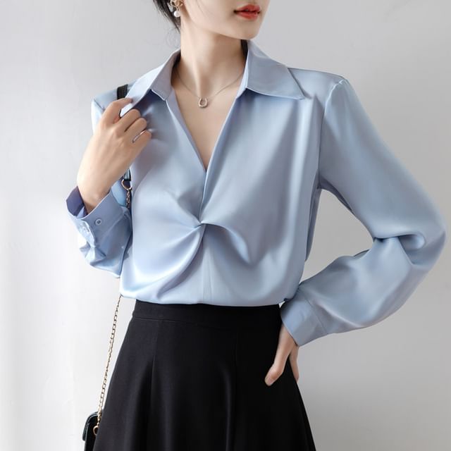 INEN-Long-Sleeve Collared Plain Ruched Satin Blouse