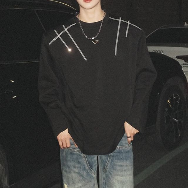 Omozando-Crew Neck Stitching Oversized Sweatshirt