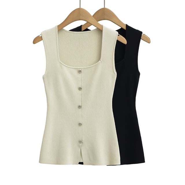Ulark-Sleeveless Square Neck Plain Button Slit Knit Top