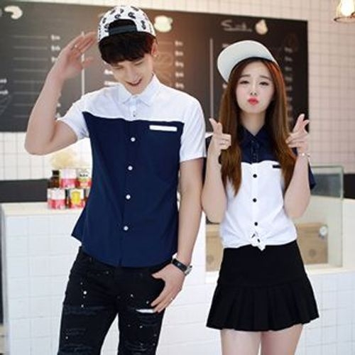 Azure - Couple Two-Tone Short-Sleeved Shirt | YesStyle