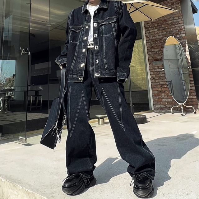 Citigleam Set: Contrast Stitching Collared button-Up Denim