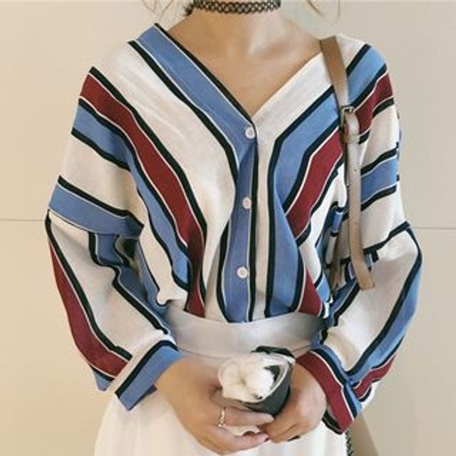 Dute-Striped V-Neck Blouse