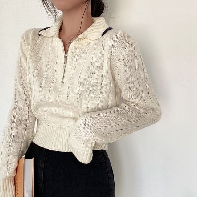 Rosesand-Long Sleeve Half-Zip Plain Knit Top