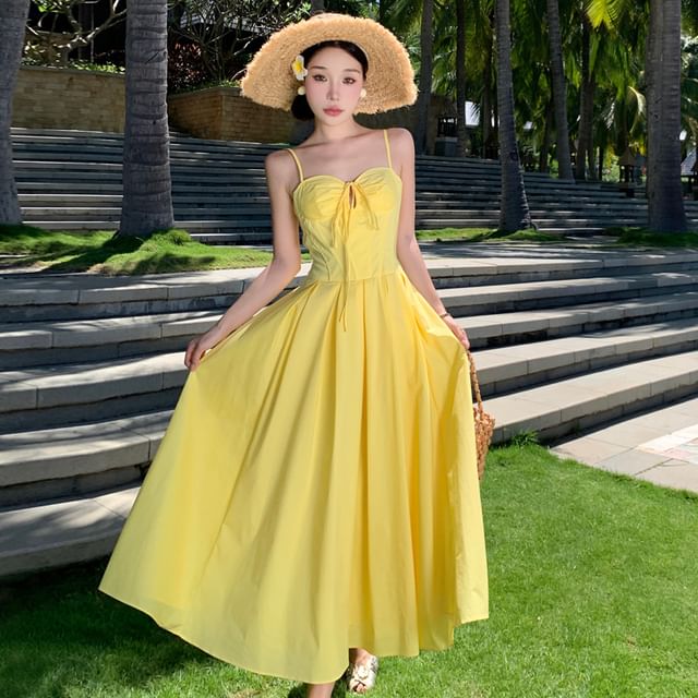 JIYON-Spaghetti Strap Plain Bowknot Maxi A-Line Dress