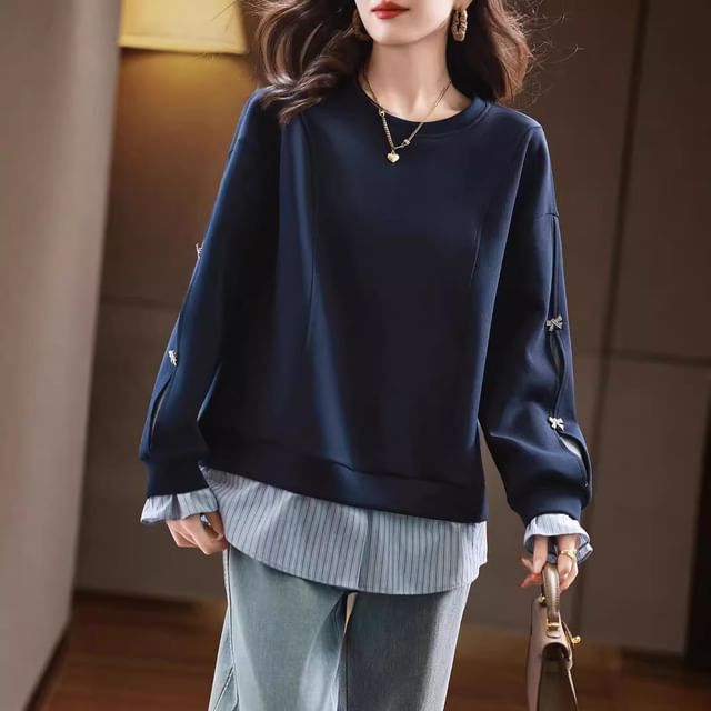 Jeonseon-Long Sleeve Round Neck Striped Panel Mock Two Piece Pullover