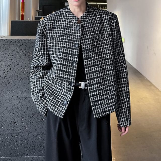 Omozando-Mandarin Collar Plaid Button Jacket