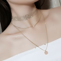 Recitbeau - Set: Sequined Choker + Faux Pearl Alloy Disc Pendant Layered Necklace Recitbeau - Set: Sequined Choker + Faux Pearl Alloy Disc Pendant Layered Necklace