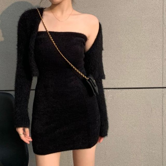Gangtris - Strapless Fluffy Sheath Dress / Jacket | YesStyle