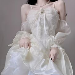 Flowerisque - Long-Sleeve Plain Shirt / Denim Midi A-Line Overall Dress  with Belt