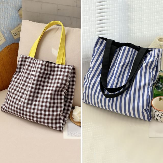 Basaran-Contrast Strap Patterned Canvas Tote Bag