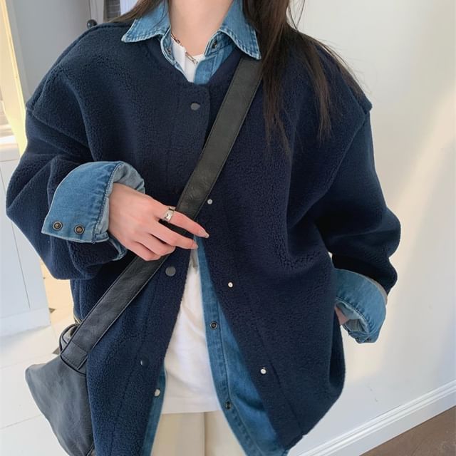 ANORA-Stand Collar Plain Button-Up Fleece Jacket