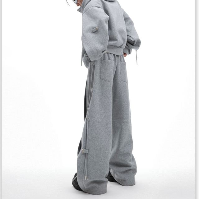 kooklay-Drawstring Plain Oversized Zip Hoodie Mid Rise Plain Wide Leg Sweatpants
