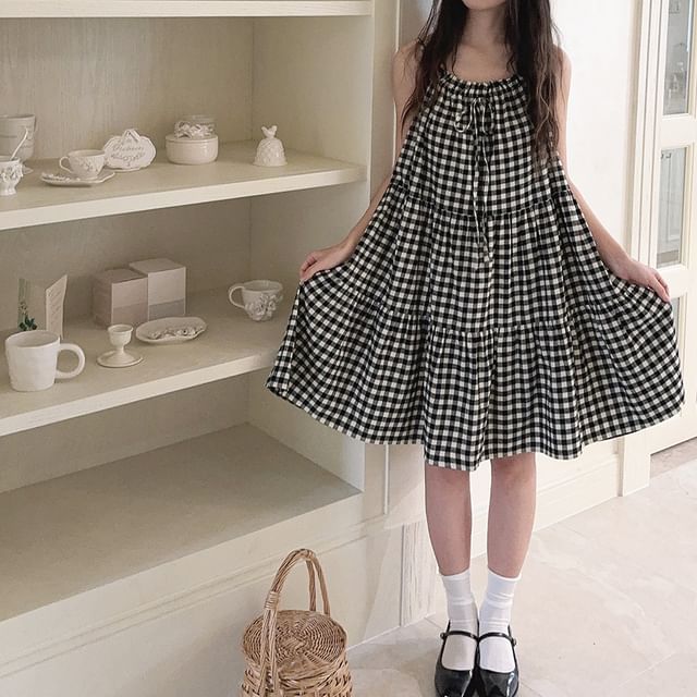 Glotto-Spaghetti Strap Plaid A-Line Dress