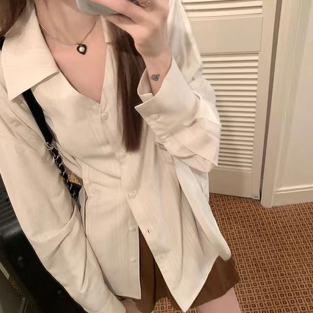 Everose-Long-Sleeve V-Neck Collared Plain Button-Up Blouse