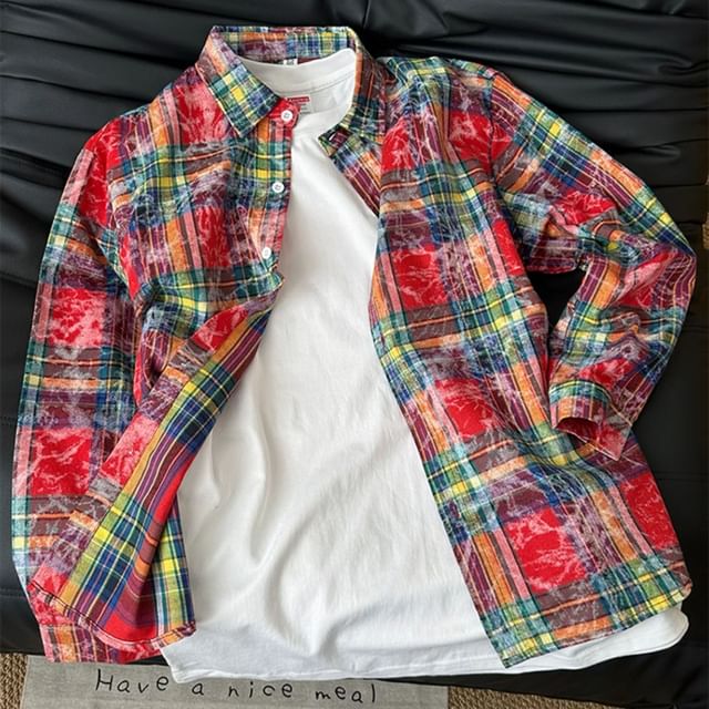 Plummie-Long Sleeve Collared Washed Plaid Button Up Shirt