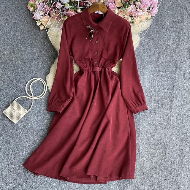 Dudu - Long-Sleeve Plain Midi A-Line Shirt Dress | YesStyle