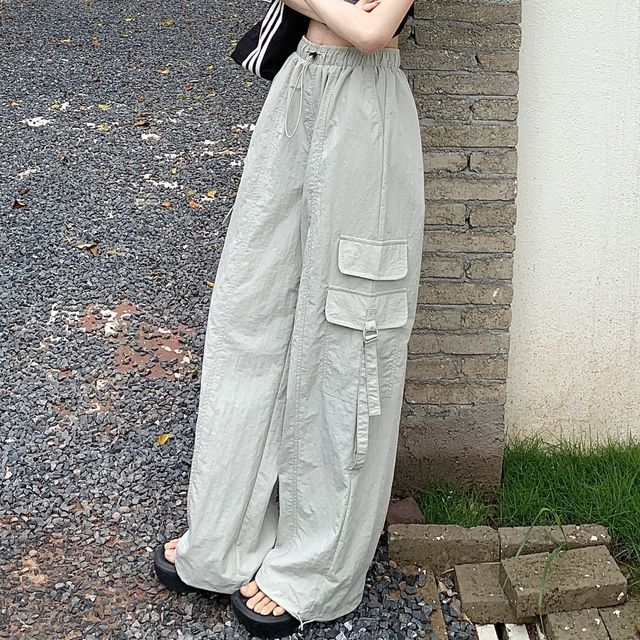 Lavelide - High Waist Plain Buckled Wide Leg Cargo Pants | YesStyle