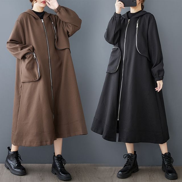 Lewwe-Plain Panel Hood Midi Zip Jacket