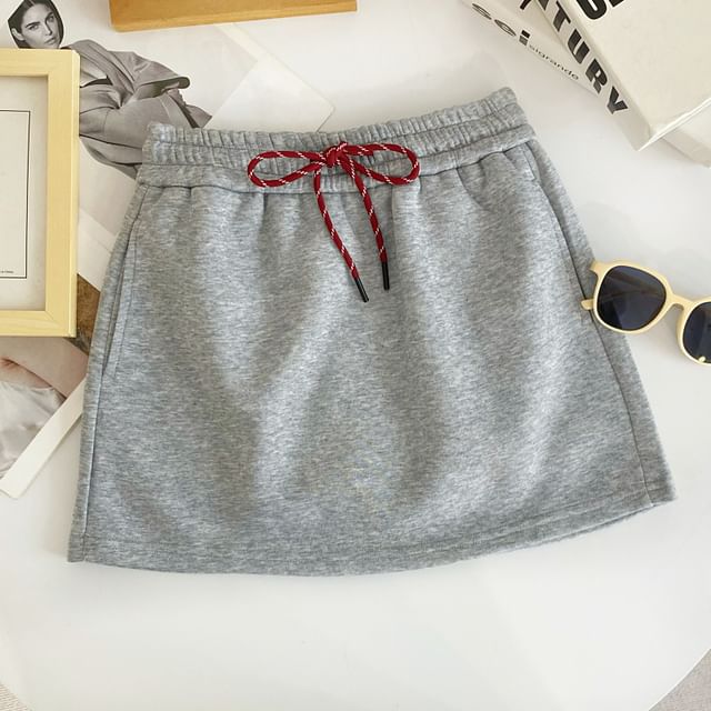Iasia-Drawstring Waist Plain Mini A-Line Skirt