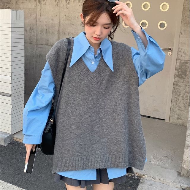 GOUB - Long-Sleeve Plain Shirt / V-Neck Slit Sweater Vest | YesStyle